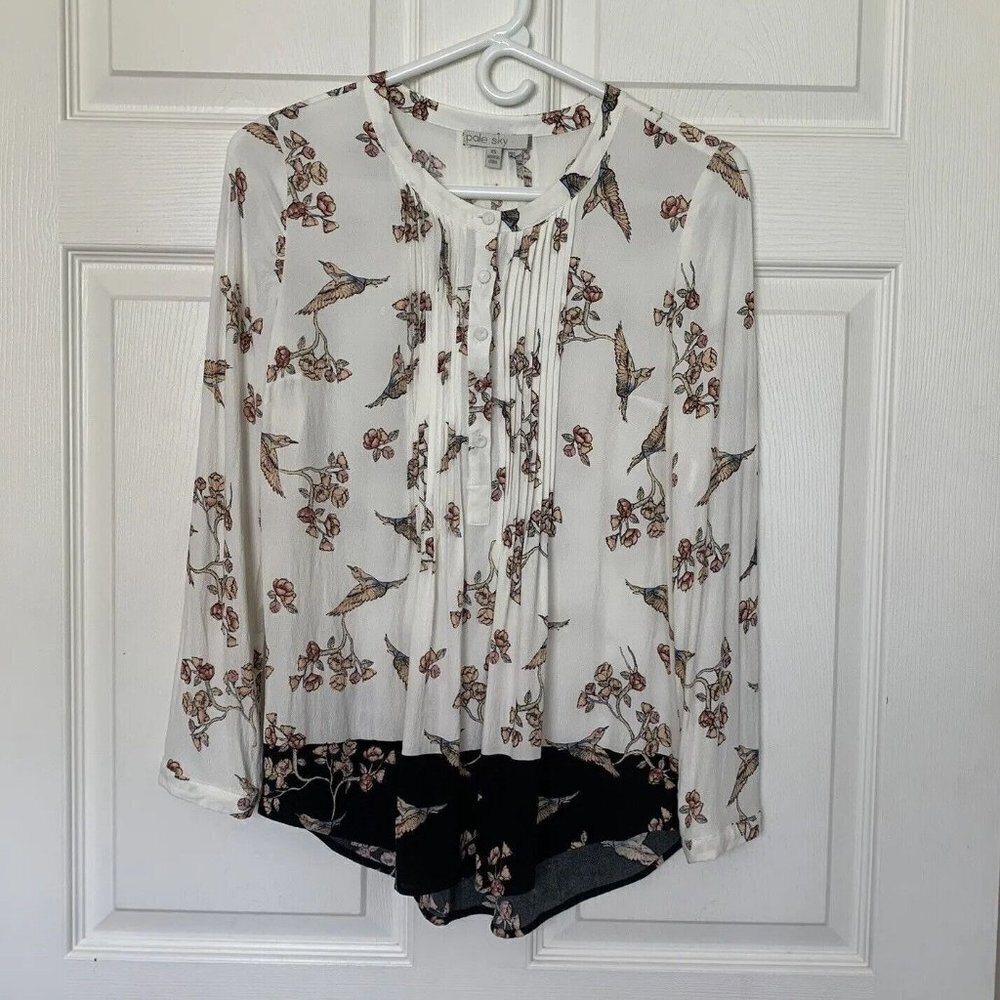 Pale Sky Top Blouse Women XS Hummingbird Floral Tunic Rayon Long Sleeve